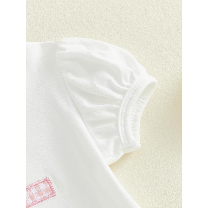 Toddler Baby Little Girls Easter Outfits Cross Animal Embroidery Short Sleeve T-Shirt and Plaid Shorts Set 3M-3Y