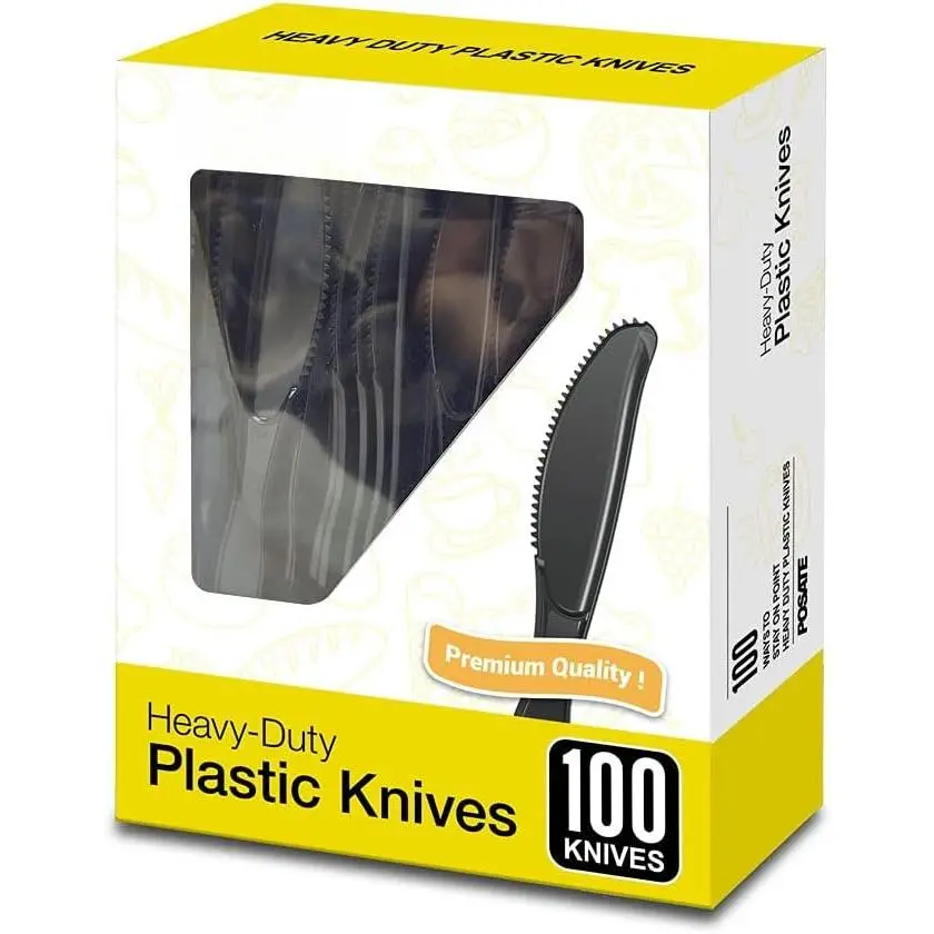 Black Plastic , Heavy Duty Disposable Plastic , Pack of 100, Party  | , Heat Resistant Heavyweight  Quality Cutlery Sturdy Utensils for Party Dinner Lunch Butter Cake Wedding
