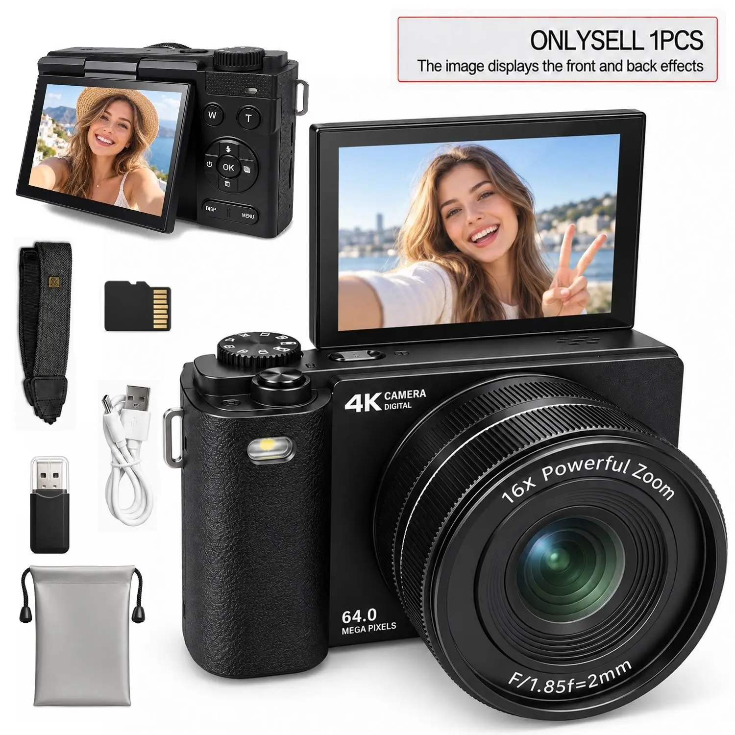 Compact Digital Camera with 180° Flip Screen, Includes SD Card, Stylish Camera Bag, Lanyard, Ideal for Vlogging and Photography, Perfect Gift