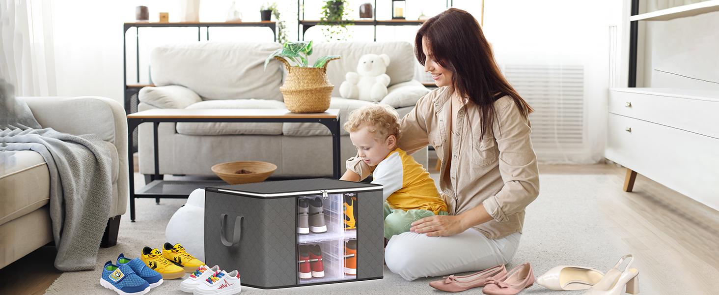 Large Storage Bags, 4 Pack Clothes Storage Bins Foldable Closet Organizers Storage Containers with Durable Handles Thick Fabric for Blanket Comforter Clothing Bedding 90 L (Gray)