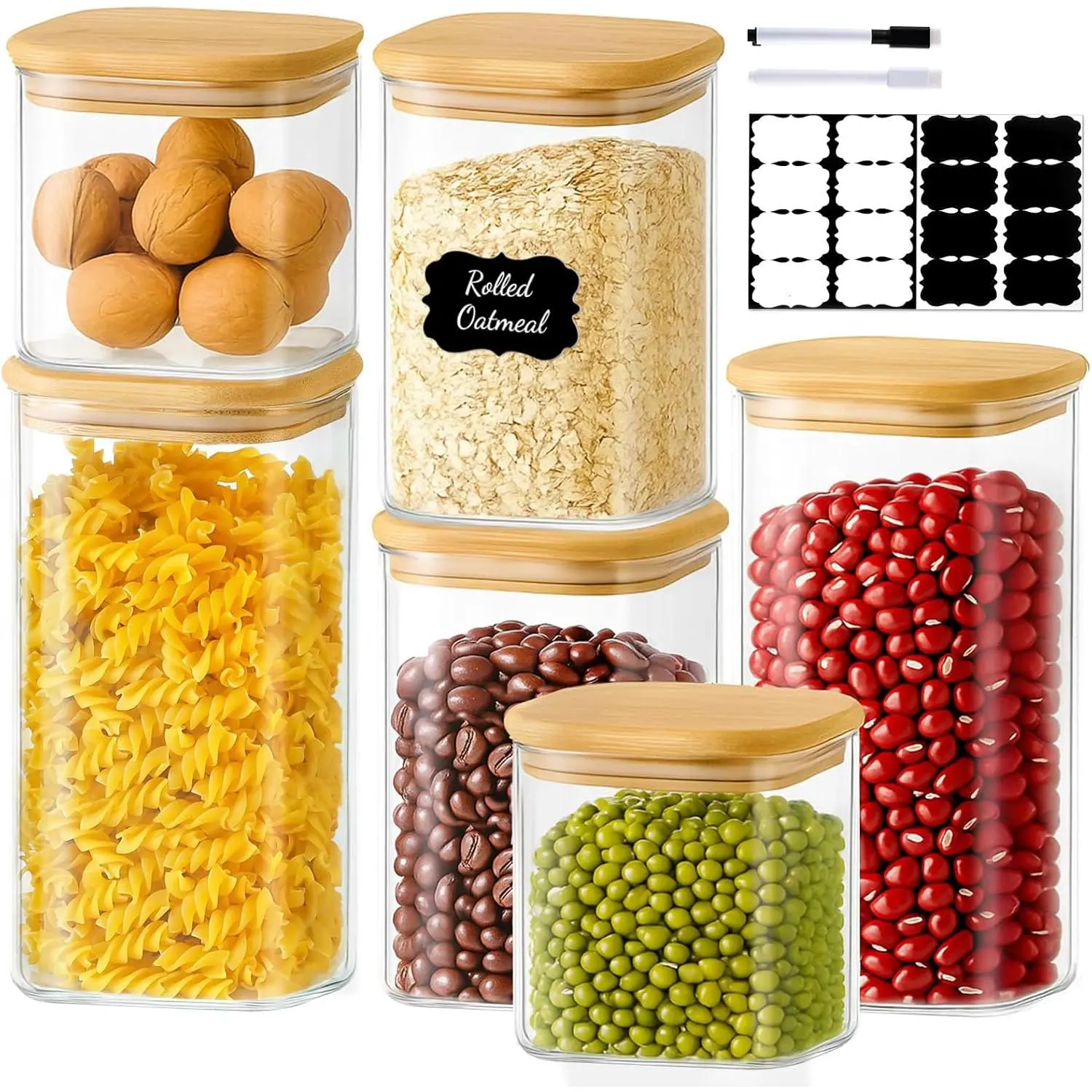 6 Pack Square Glass Storage Containers with   (24oz/37oz/51oz) – Clear  Airtight Canisters Sets for The Kitchen, Glass Jars for Coffee Beans, Coffee, Flour, Snacks, Spices