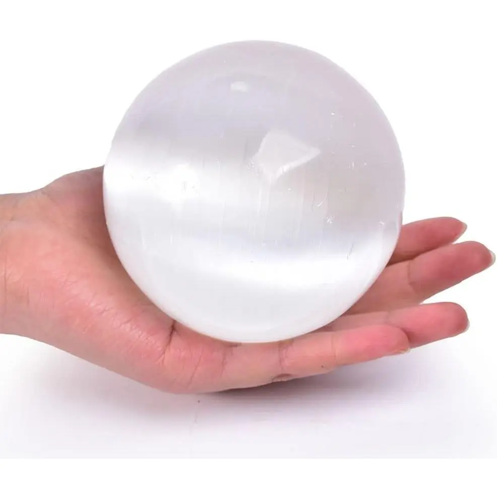 3.5-4 Inch(90-100mm) Selenite Crystal Sphere with Wooden Stand Healing Crystal Ball for Meditation, Home Decoration