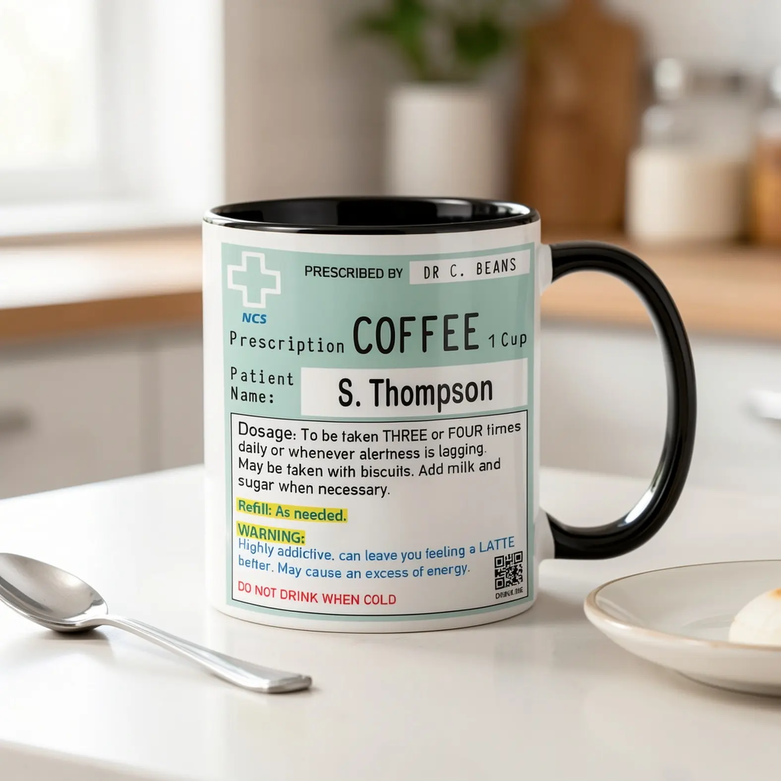 Doctor Prescription Style 11oz Ceramic Mug, Custom Name Microwave Safe Novelty Coffee Cup Gift