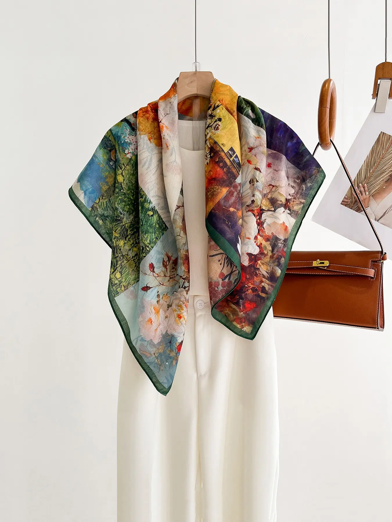 Women's Landscape Oil Painting Scarf, Elegant Silk Scarf, Multi-Functional Shawl, Outdoor Versatile, Daily Commute, Sun Protection Beach Towel, Wrap Shawl