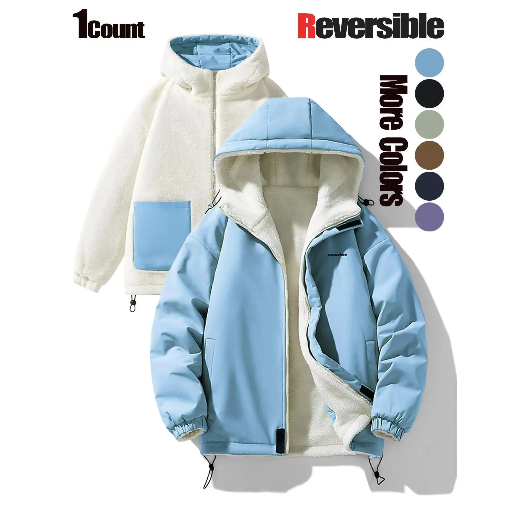 Unisex Letter Print Zip Up Reversible Hooded Jacket, Casual Long Sleeve Pocket Design Outerwear for Fall & Winter, Fashion Men's Clothes for Daily Wear