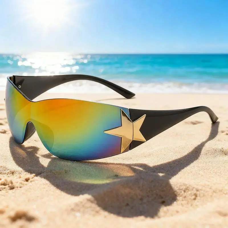 Y2K Rimless Punk Sunglasses with Star Details - Wrap-Around One-Piece Design for Men & Women Edgy Aesthetic for Urban Street Style UV Protection Non-Polarized Polycarbonate Lens