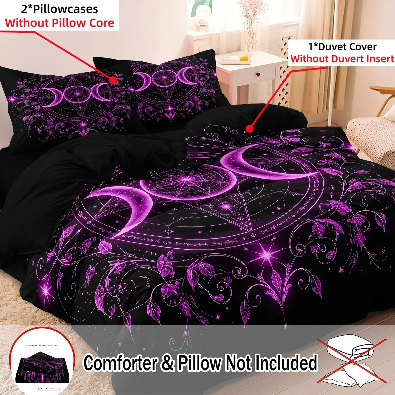 3pcs Set Fuchsia Purple Crescent Moon Symbol Duvet Cover, Decorative Duvet Cover, Vine Leaf Celestial Pattern Bedding, Ideal For Dark-Style Home Decor (1 Duvet Cover + 2 Pillowcases, No Comforter, No Pillow) Duvet Cover Sets