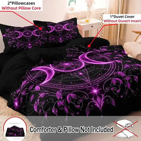 3pcs Set Fuchsia Purple Crescent Moon Symbol Duvet Cover, Decorative Duvet Cover, Vine Leaf Celestial Pattern Bedding, Ideal For Dark-Style Home Decor (1 Duvet Cover + 2 Pillowcases, No Comforter, No Pillow) Duvet Cover Sets