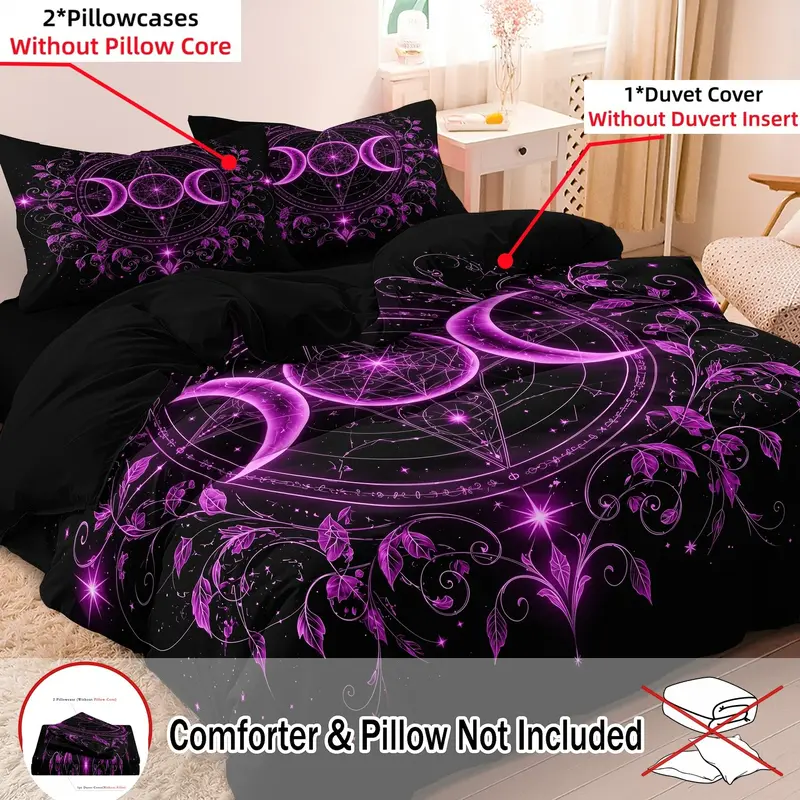 3pcs Set Fuchsia Purple Crescent Moon Symbol Duvet Cover, Decorative Duvet Cover, Vine Leaf Celestial Pattern Bedding, Ideal For Dark-Style Home Decor (1 Duvet Cover + 2 Pillowcases, No Comforter, No Pillow) Duvet Cover Sets