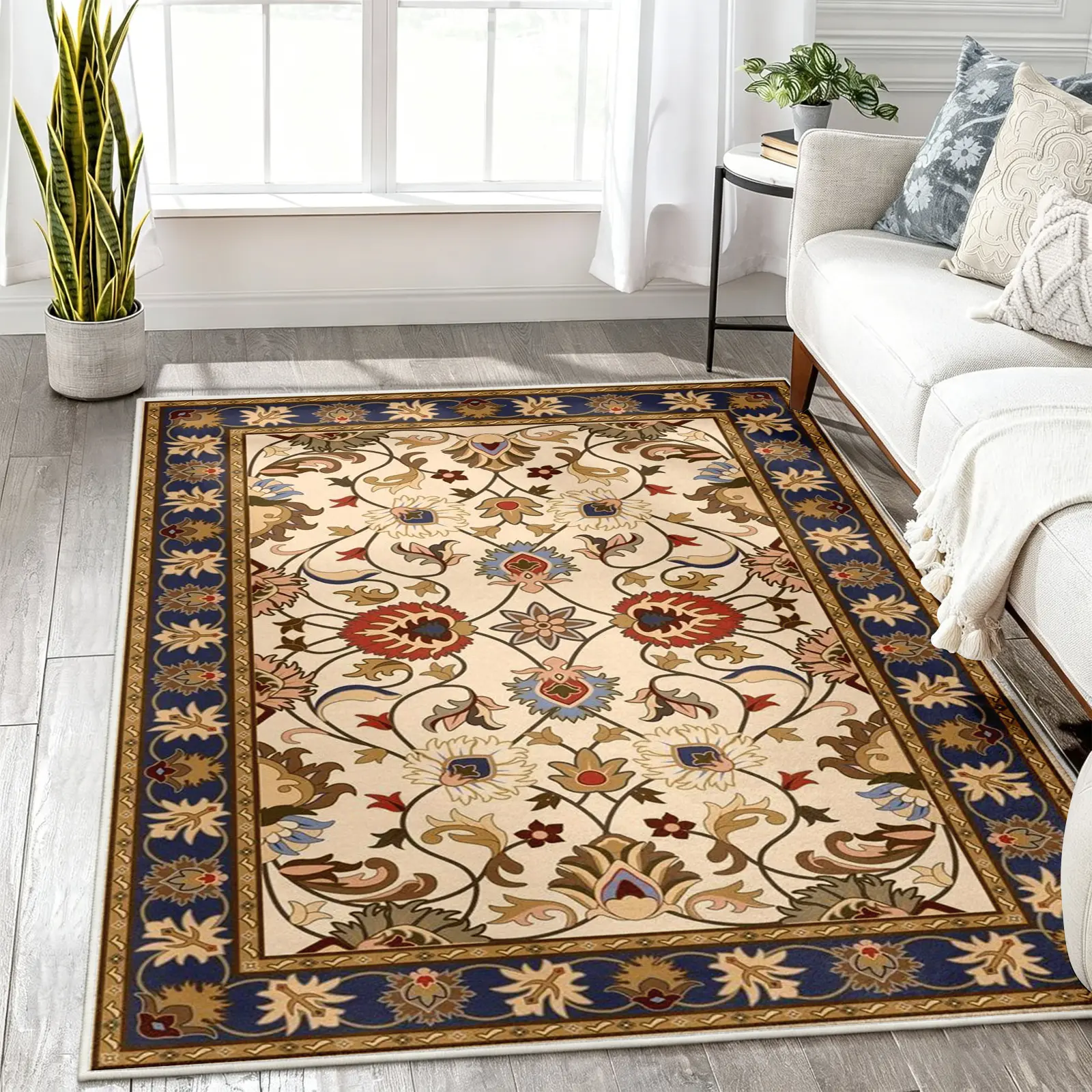 Persian Floral Area Rug, Cream Center with Navy Blue Botanical Border and Symmetrical Red & Gold Motif, Non-Slip Washable Carpet, Soft Durable Floor Mat, Aesthetic Rugs for Living Room Bedroom Home Decor, 8 x 10 ft Area Rugs