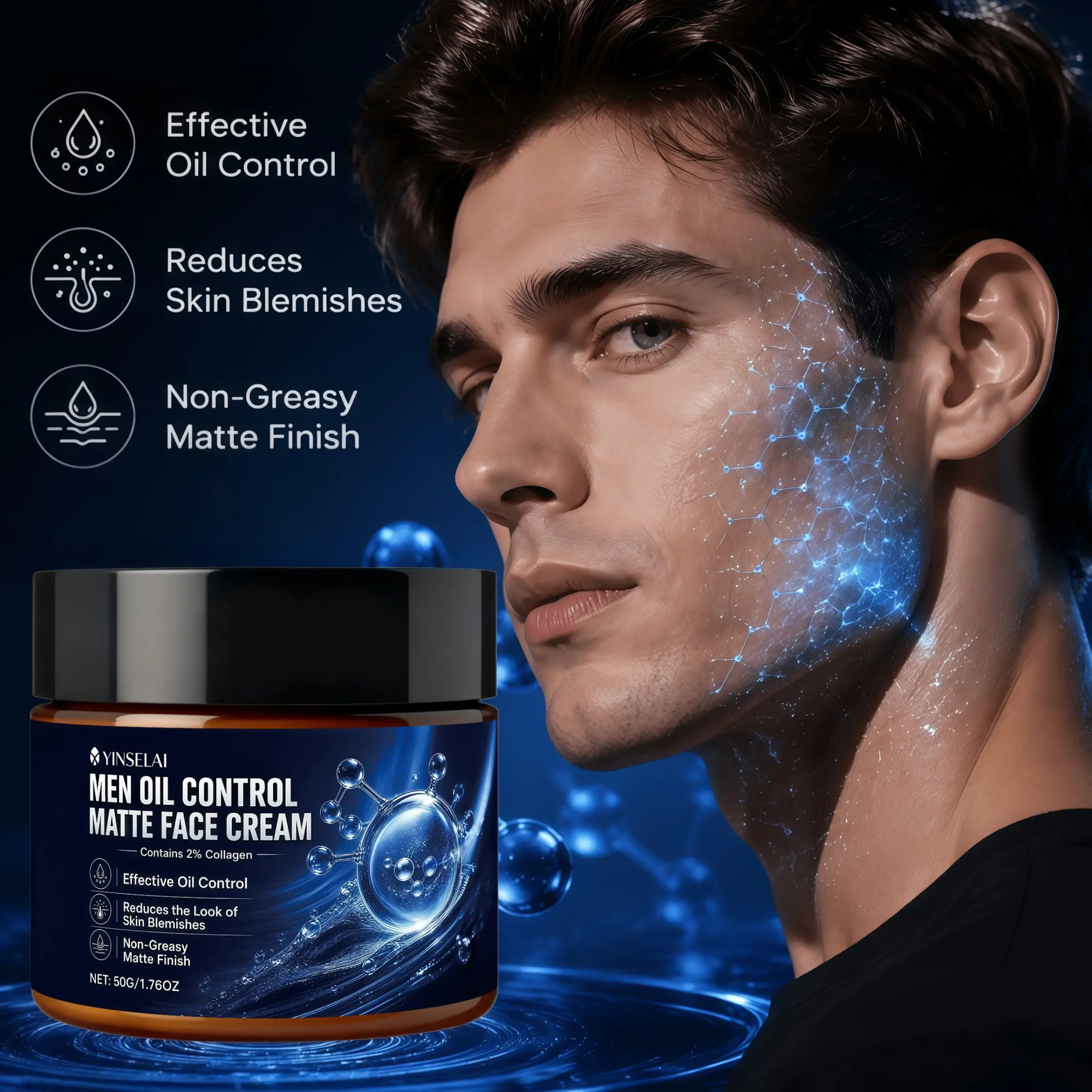 Men's Oil Control Matte Cream, 2% Collagen Moisturizer, Non-Greasy, Balances Oily & Combination Skin, Reduces Blemishes, 50g Daily Face Care