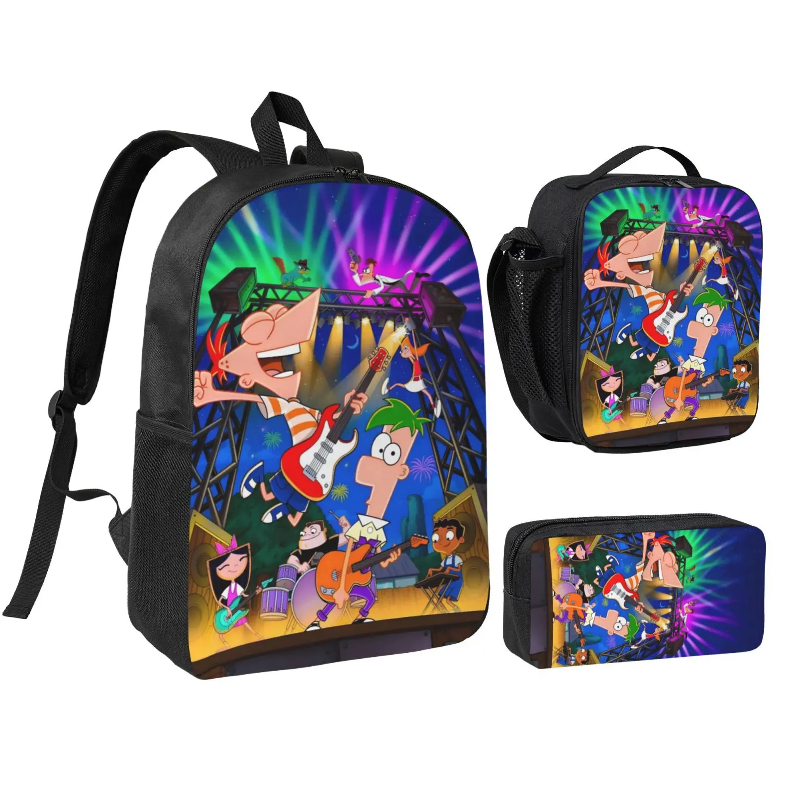 Cute Cartoon Phineas and Ferb Printed Polyester Unisex Kids' Student Backpack Set - Waterproof, Adjustable Shoulder Straps, Multipurpose with Lunch Box, Pencil Bag for School, Travel
