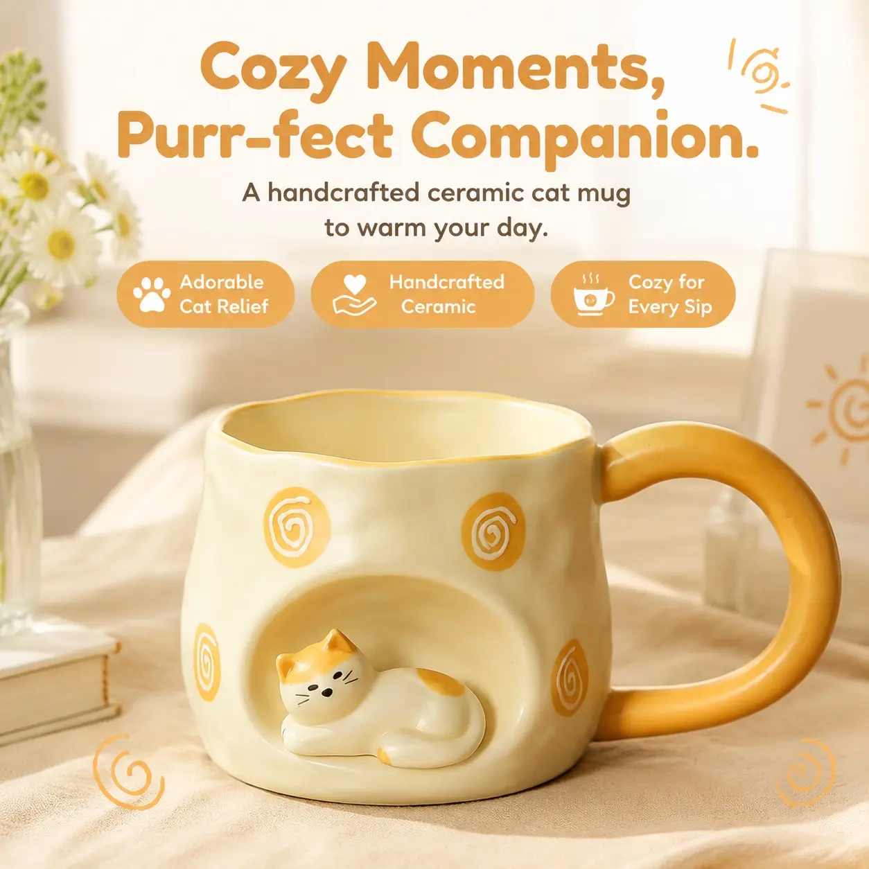 Cute Cat‑Pattern Ceramic Novelty Coffee Mug, Whimsical Decorative Tea Cup, Household Drinkware for Office Desk, Daily Use & Thoughtful Gift