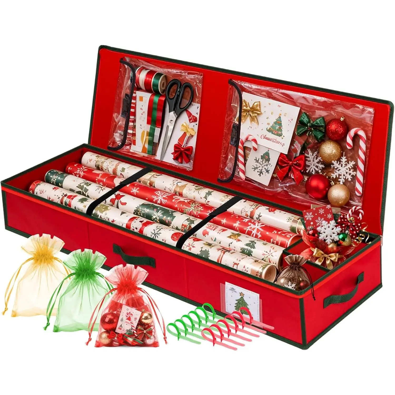 Underbed Christmas Wrapping Paper Storage Organizer, Fits 24 Rolls, with Adjustable Dividers, Interior Pockets, Large Capacity for Bows Ribbons Gift Wrap Accessories, Red