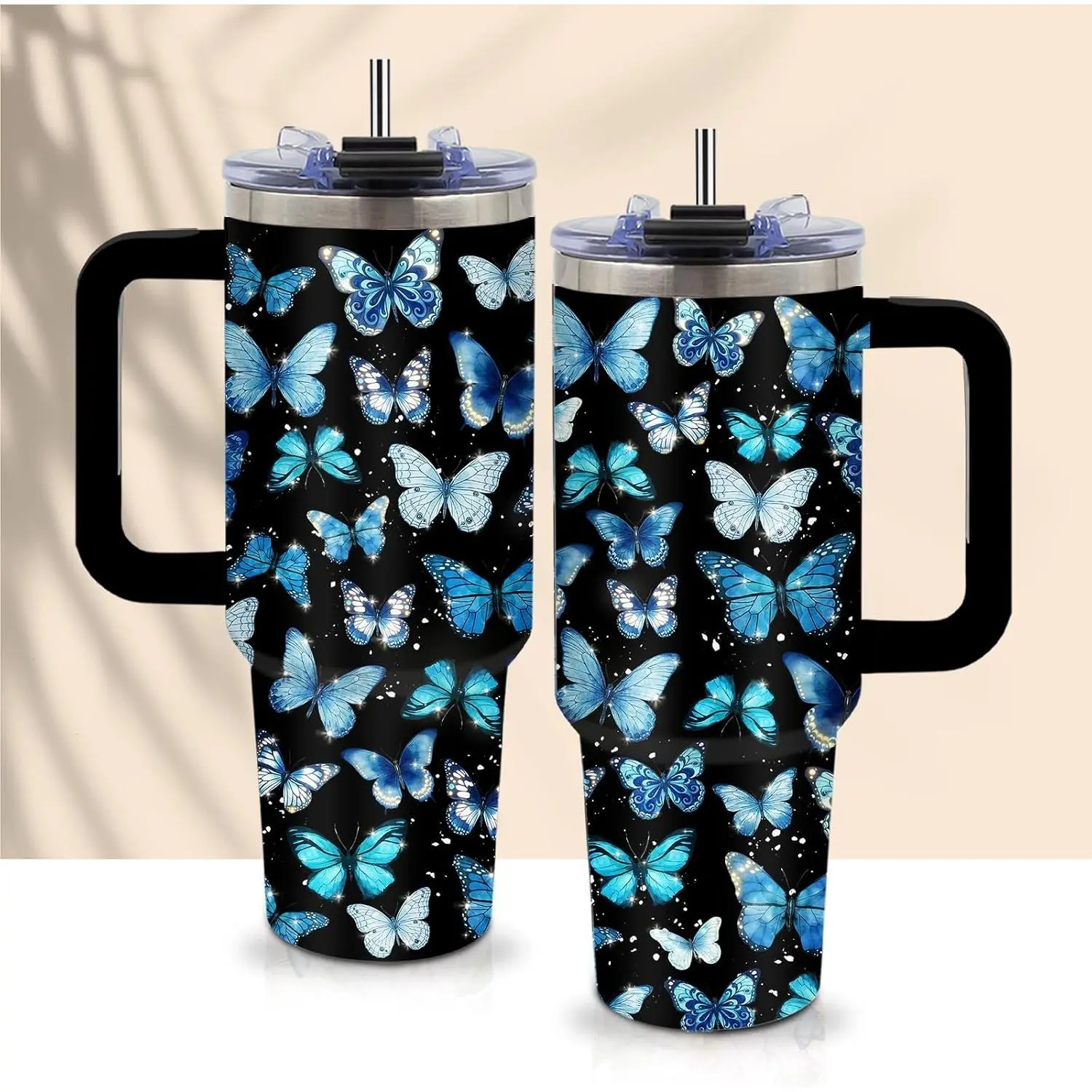40oz Printed Butterfly Vacuum Flask - Portable, Leakproof Insulated Stainless Steel Water Bottle with Handle, Straw, Lid, Cute Kitchenware Drinkware for Women's Birthday Christmas Gifts
