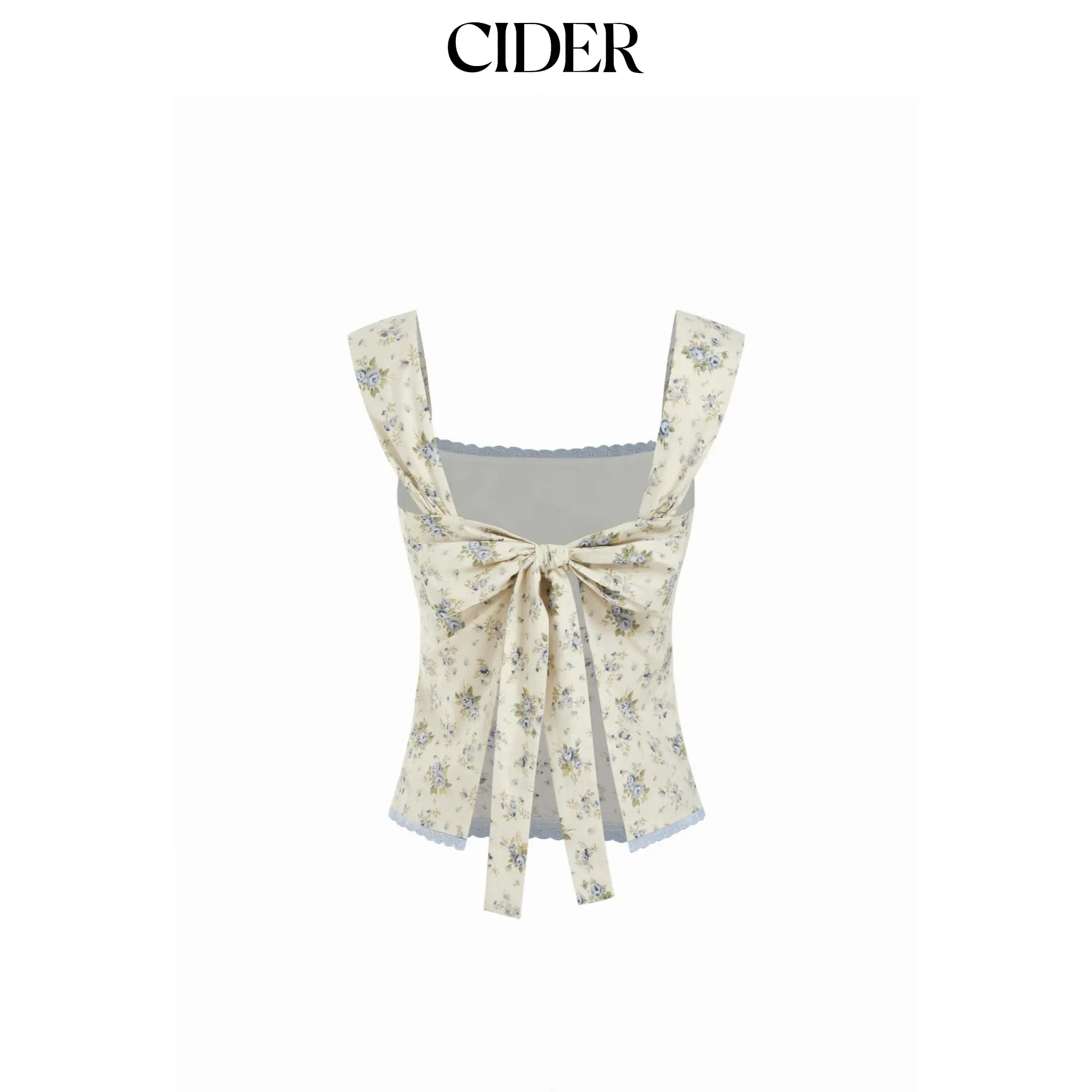 Cider Floral Square Neck Bowknot Ruched Lace Trim Tie Back Tank Top SummerWins SummerFinds