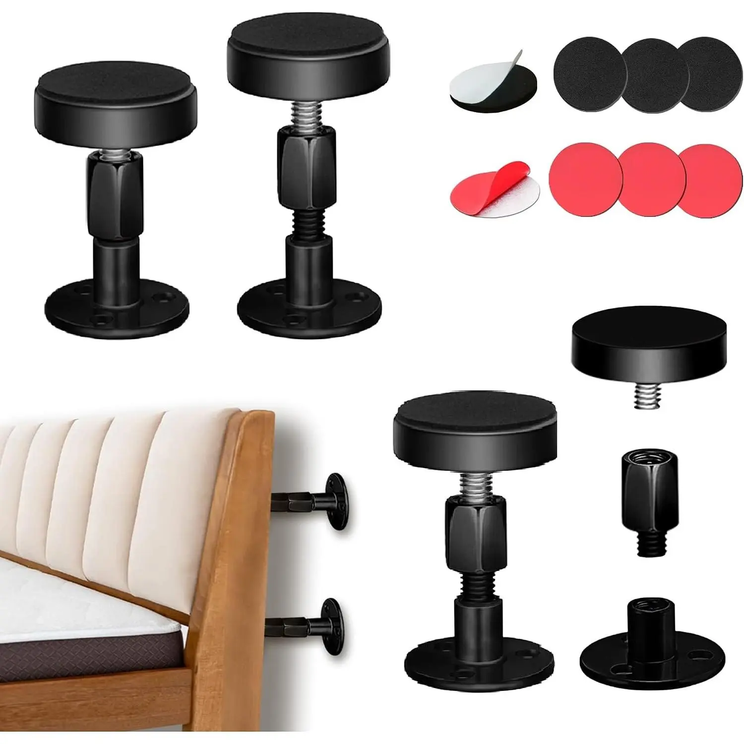 4 count Black Headboard Stoppers for Wall,Adjustable Bed Frame Anti-Shake Tool, Stop Headboard Movement, Protect Walls, Easy to Install(30-112mm)