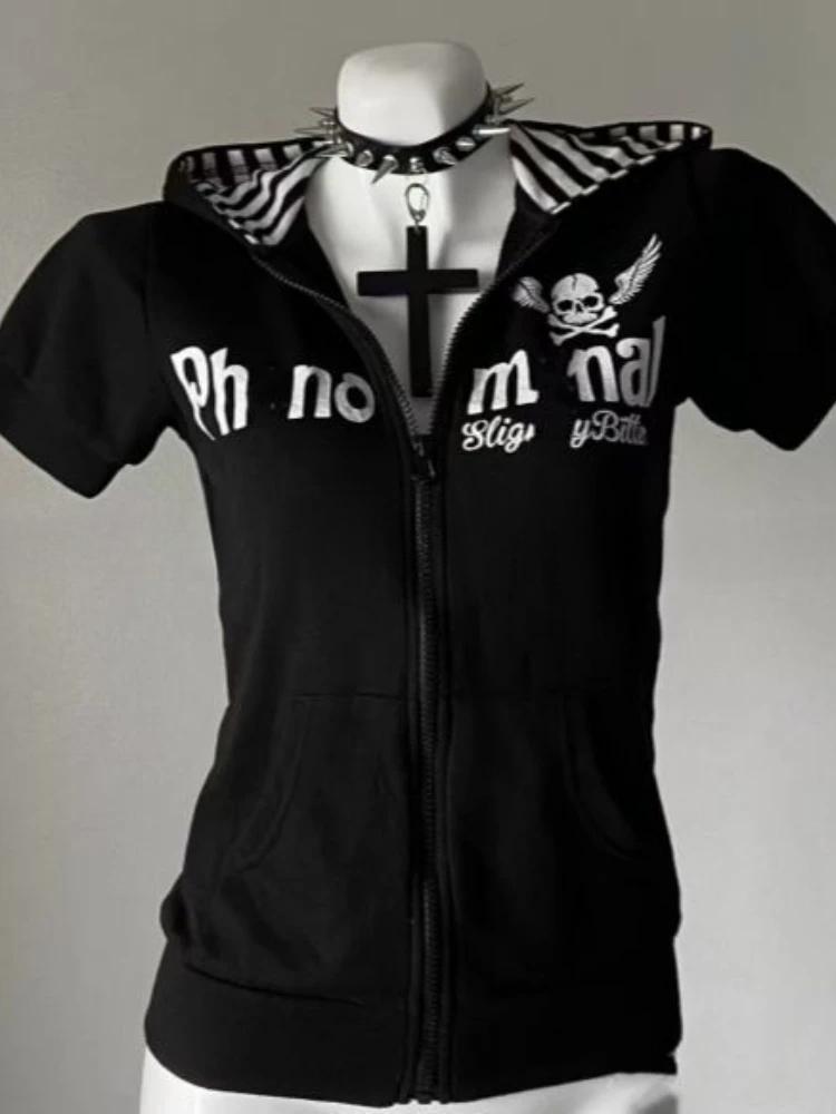 Y2K Subculture Skull Print Zip Cardigan Short Sleeve Women Japan Slim Fit Striped Hoodie Casual Tops Fashion Streetwear Clothes
