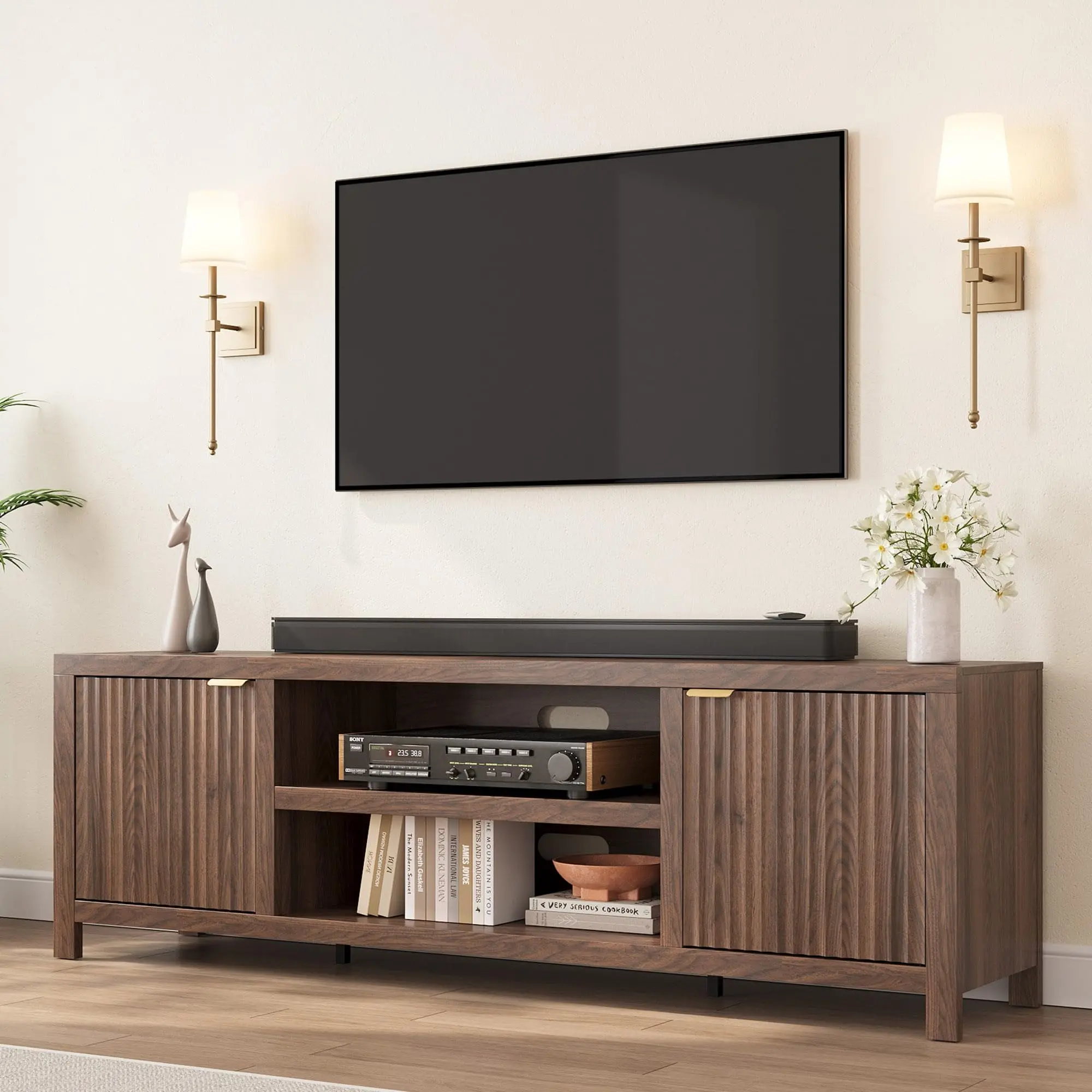 Garvee Modern Fluted TV Stand - Natural Oak with Natural Grain & White Textured MDF Wood Media Console, Luxury Gold Handles, 4-Door Adjustable Storage Credenza for 80-Inch TV, Living Room Indoor Furniture with Cable Holes, Fluted Doors