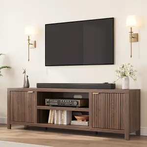 Modern Fluted TV Stand & Sideboard for 80 Inch TVs – Wooden Entertainment Center with 4 Storage Doors, Gold Handles, Natural Oak & White Finish – Ideal for Living or Dining Room