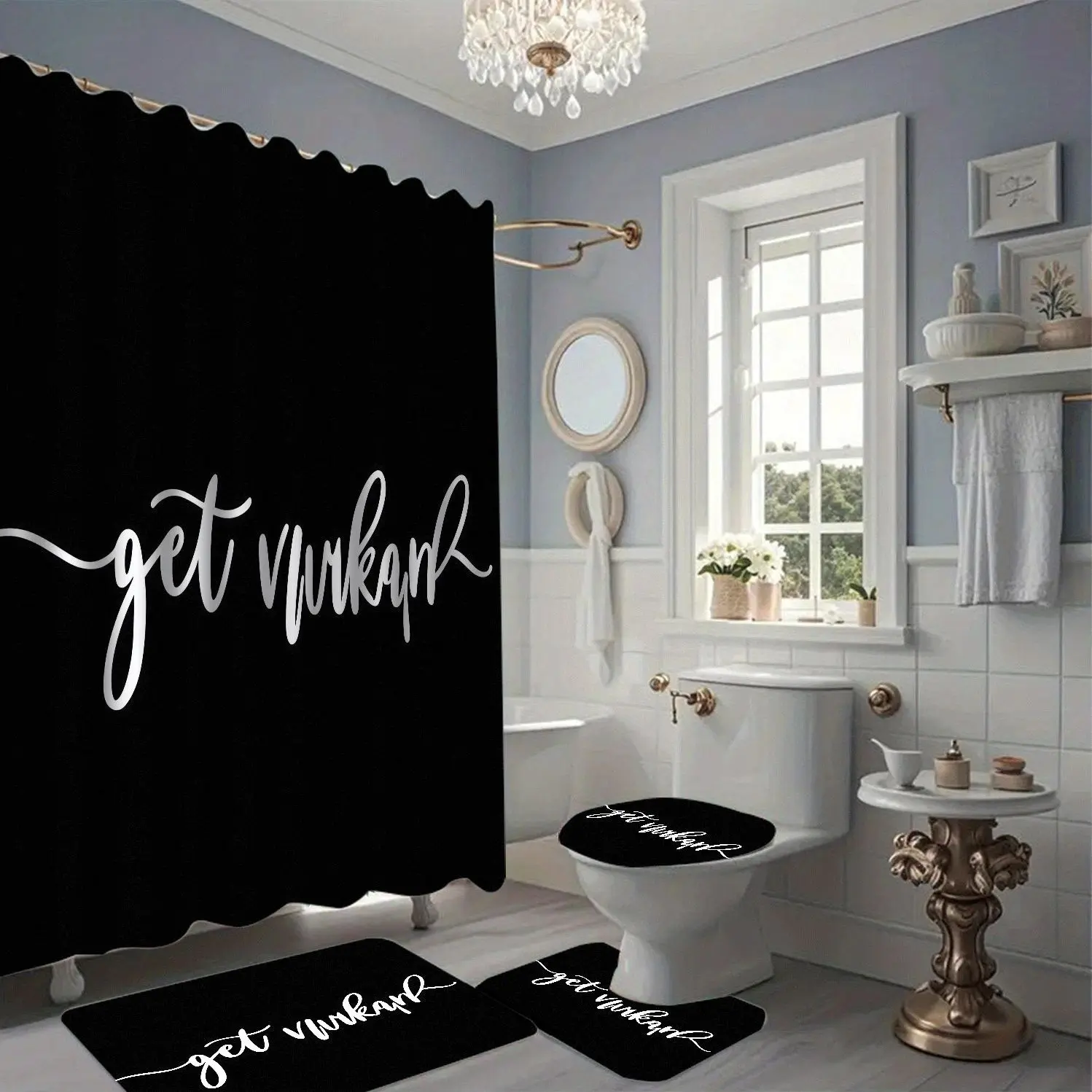 Background Handwritten Font Bath Curtain Set, Minimalist Nordic Style, Waterproof Polyester, Bathroom Decor