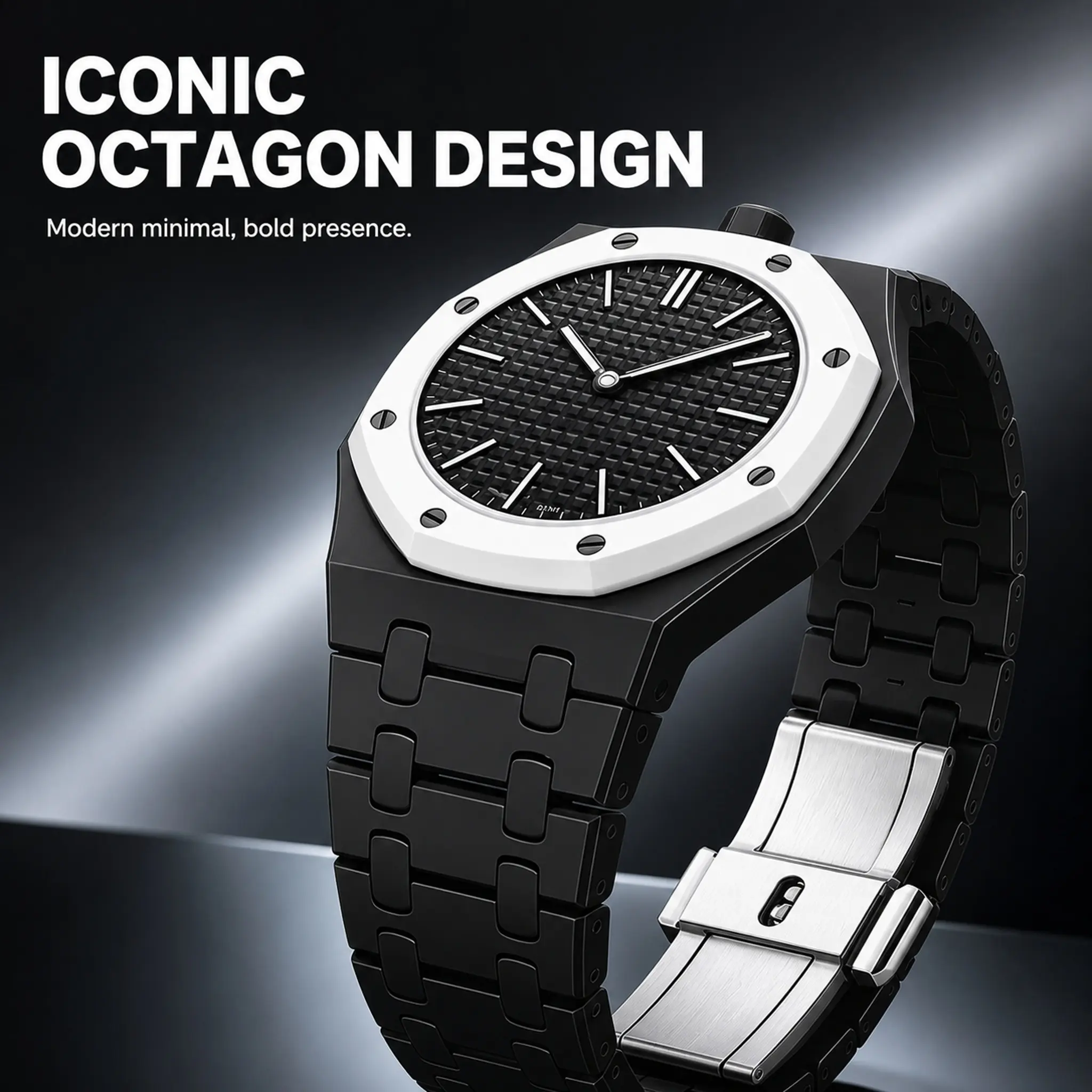 Unisex 40mm Contemporary Octagon Face Analog Quartz Wristwatch - Plastic Body, Detailed Grid Dial, Classic Link Band, Minimal Design for Workplace & Daily Casual Wear, 40Mm Watch