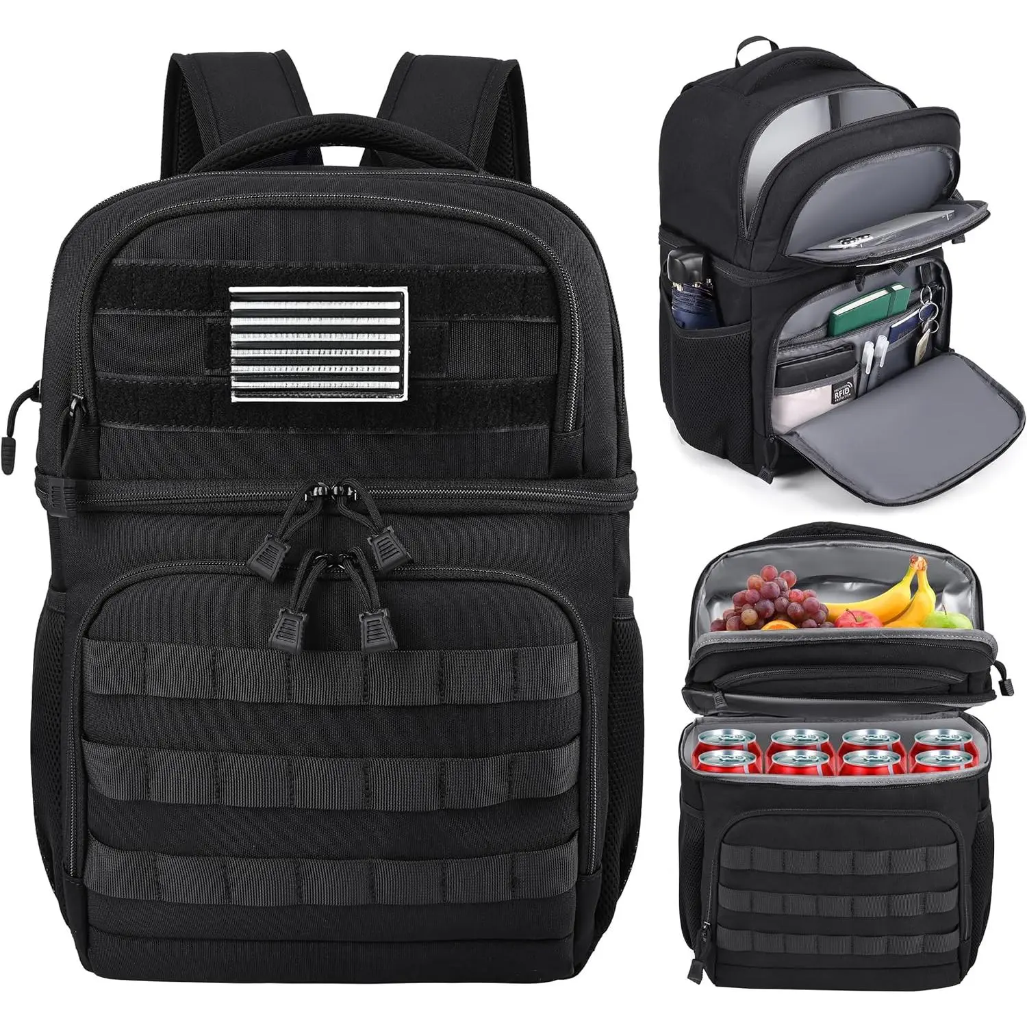 Lunch Backpack for Men, Tactical Inspired Double Deck Cooler Backpack Insulated Leakproof RFID Lunchbox for Work (Black)