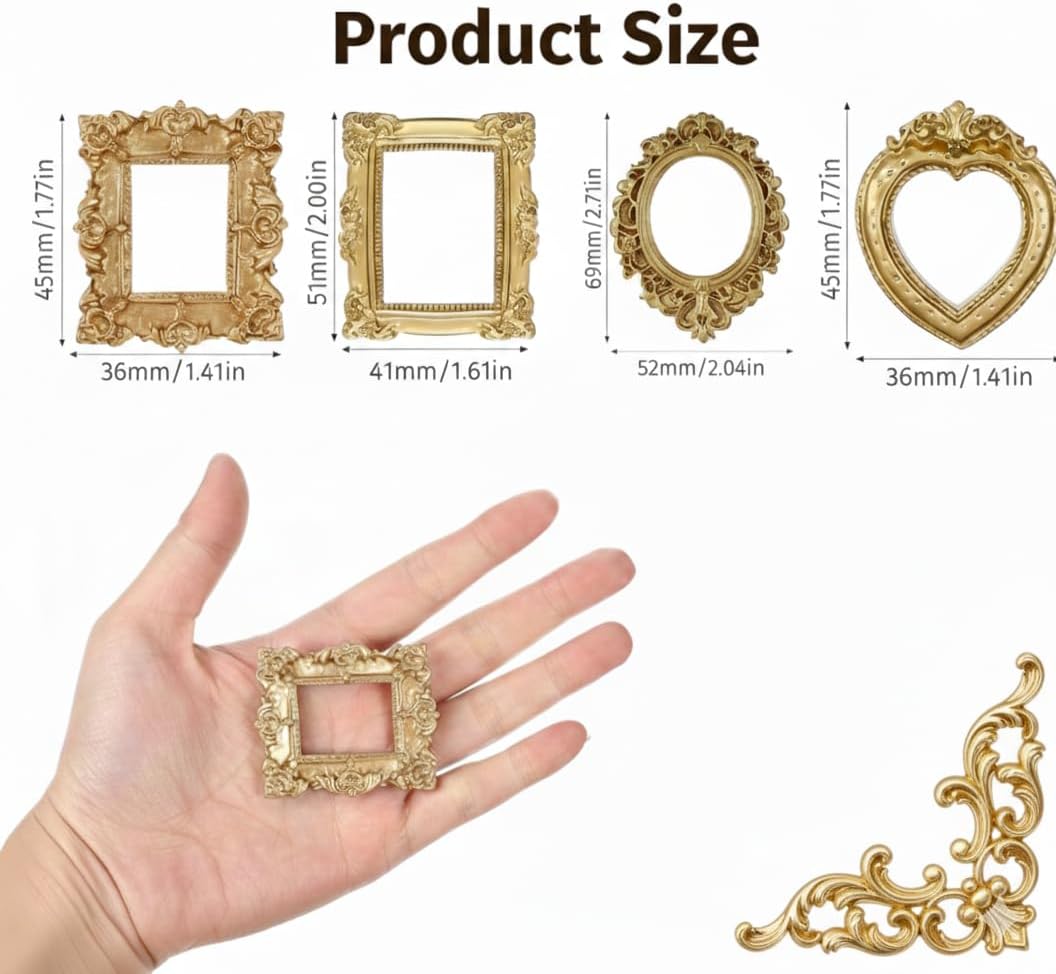 12Pcs Miniature Picture Frames Set - 1:12 Scale Dollhouse Vintage Gold Frames, Oval & Rectangle Antique Photo Frames for DIY Crafts, Wedding Decor & Fairy Garden