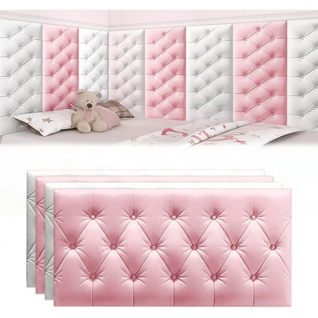 4-Piece Self-Adhesive 3D Foam Wall Panels, Thickened 8mm Vinyl Buffer Stickers, Impact-Resistant Bed Headboard, Easy Peel Sticky Adhesive Wallpaper for Bedroom Walls