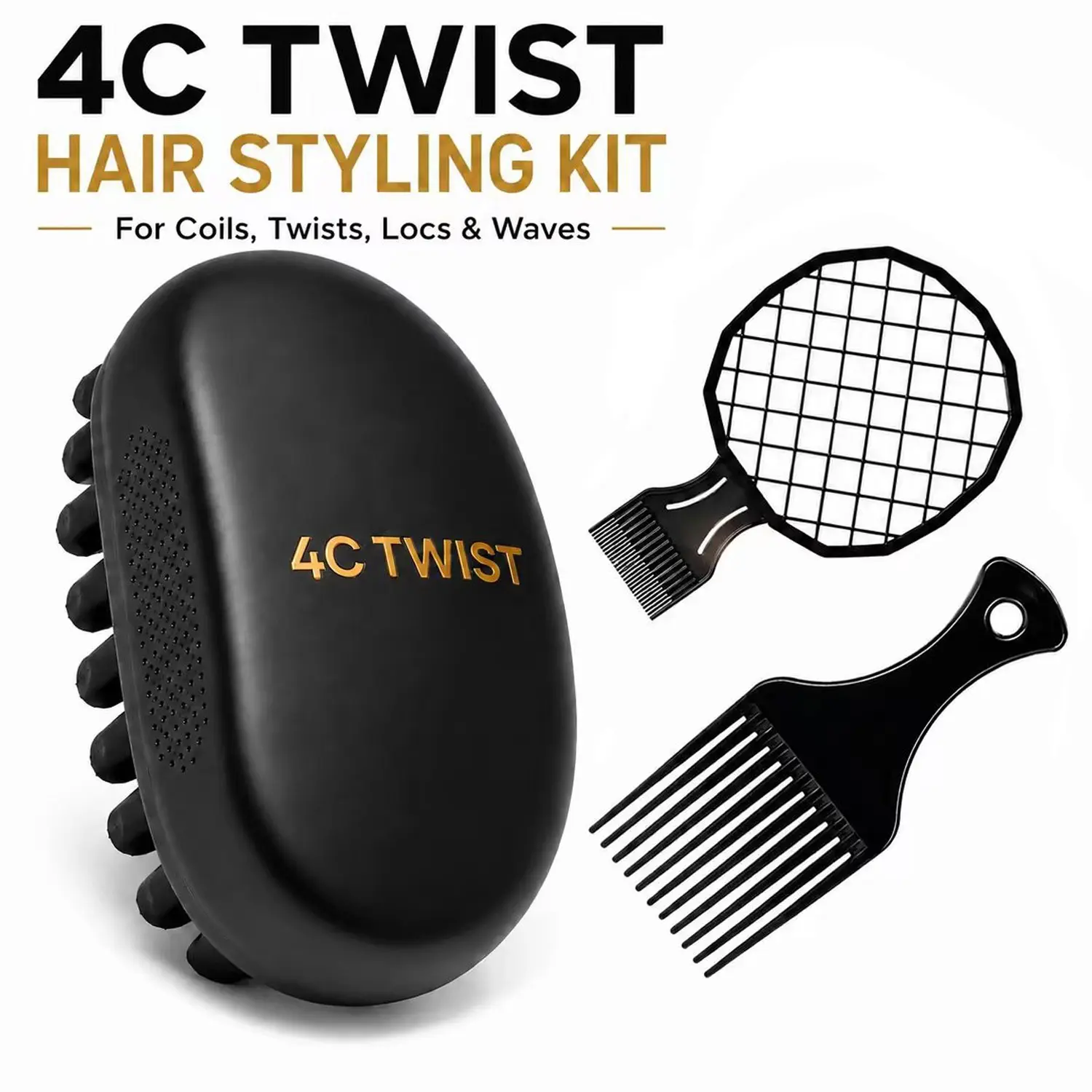 4C TWIST Hair Styling Kit with Twist Brush, Grid Twist Comb, Afro Pick & Sponge Glove, Hair Styling Combs, Curl Defining Tools for Curly, Coily, Textured & Natural Hair, Locs, Twists and Afro Styles for Men & Women