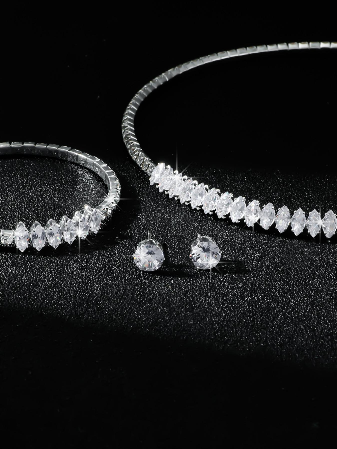 Women's Elegant Rhinestone Decorated Jewelry Gift Set, Exquisite Trendy Necklace & Earrings & Bracelet, Chic Fashionable Jewelry Set for Party & Daily Clothing Decor, Matching Jewelry Set, Jewellery Gift Set