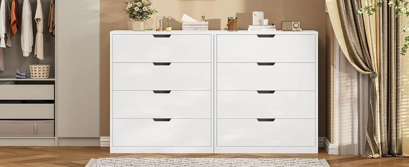 Sikaic Modern White Dresser with 4 Drawers Freestanding Wood Cupboard for Bedroom Living Room Hallway Storage Chest of Drawers with Metal Slide Rail Anti-tipping Belt