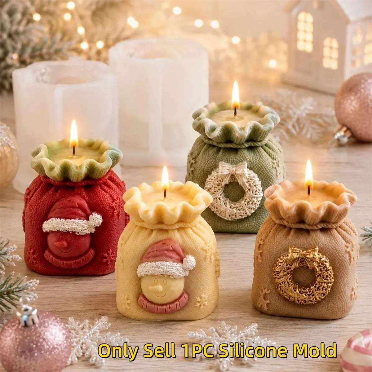 1PC Christmas Snowman Wreath Gift Bag Silicone Candle Molds DIY 3D Aromatherapy Candle Making Mould Xmas Holiday Home Decoration Craft