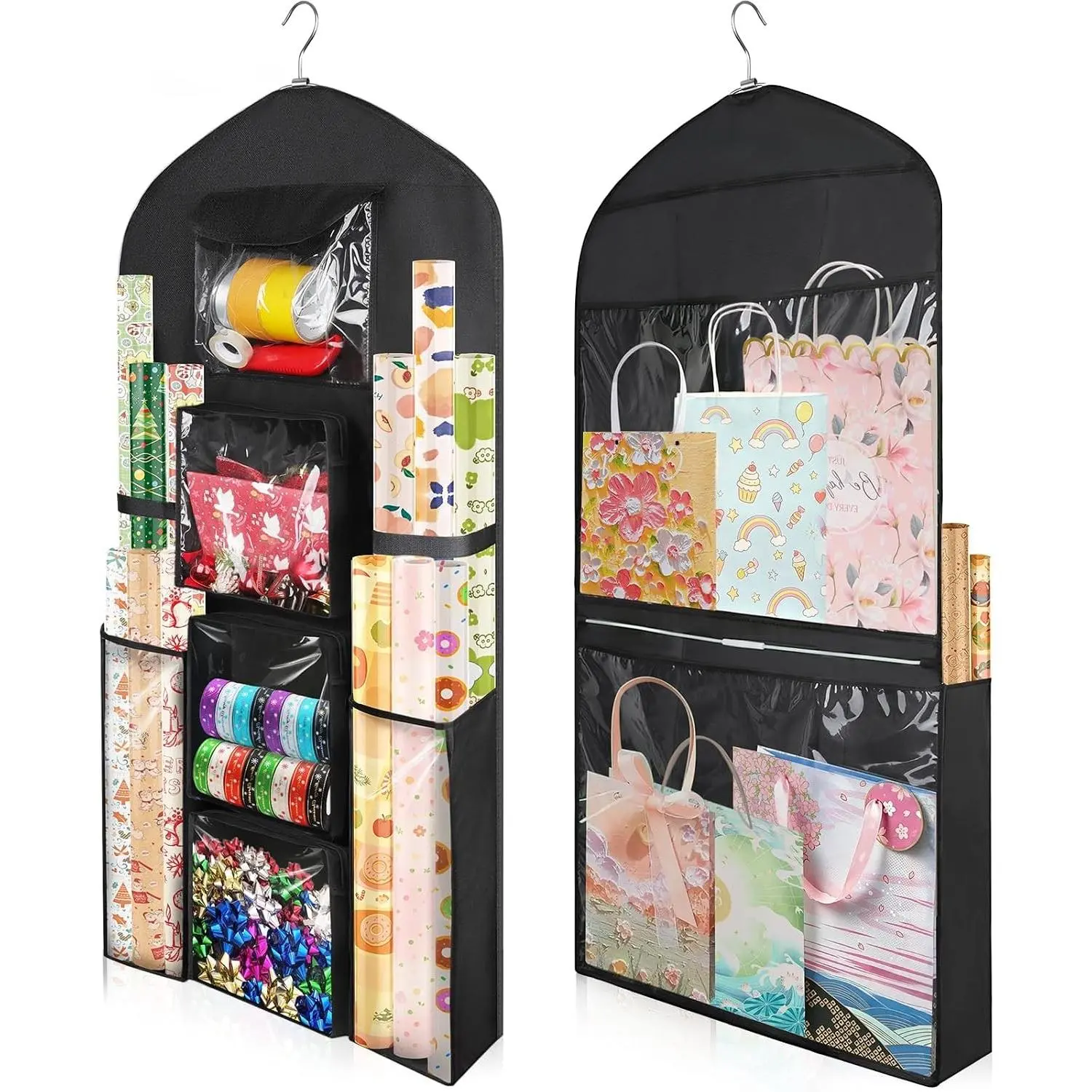 Hanging Gift Wrapping Paper Storage, 48x24 Extra Large Black Double-Sided Christmas Wrapper Bag Container, Oxford Long Craft Roll Organizer, Present Wrap Holder for Closet Door