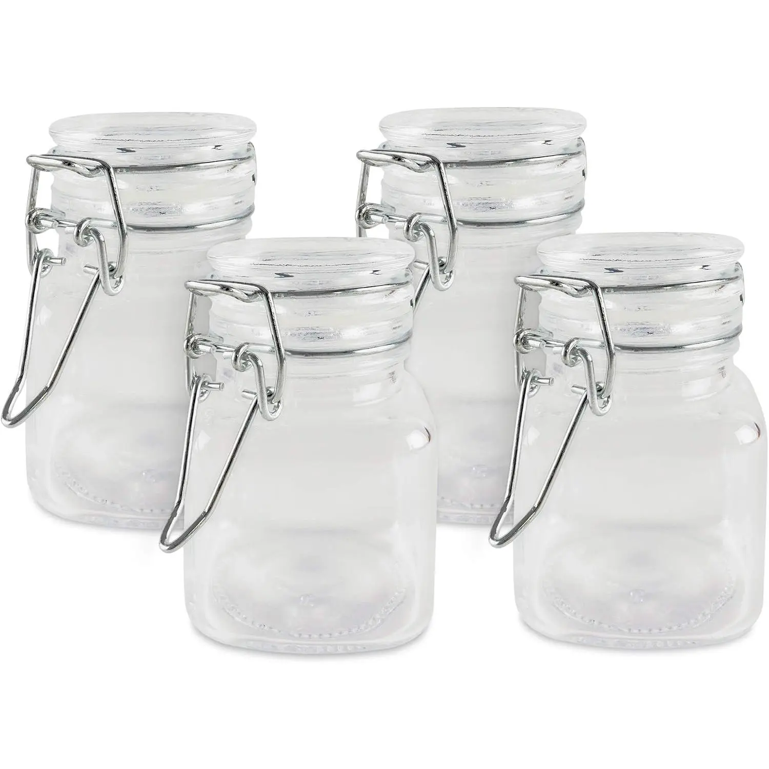 4-Pack Modern 3.25 in Square Shape 3oz Glass Jar with Hinged Lid - Home Organizer Storage Jar for Kitchen, Wedding Favor, Snack Foods