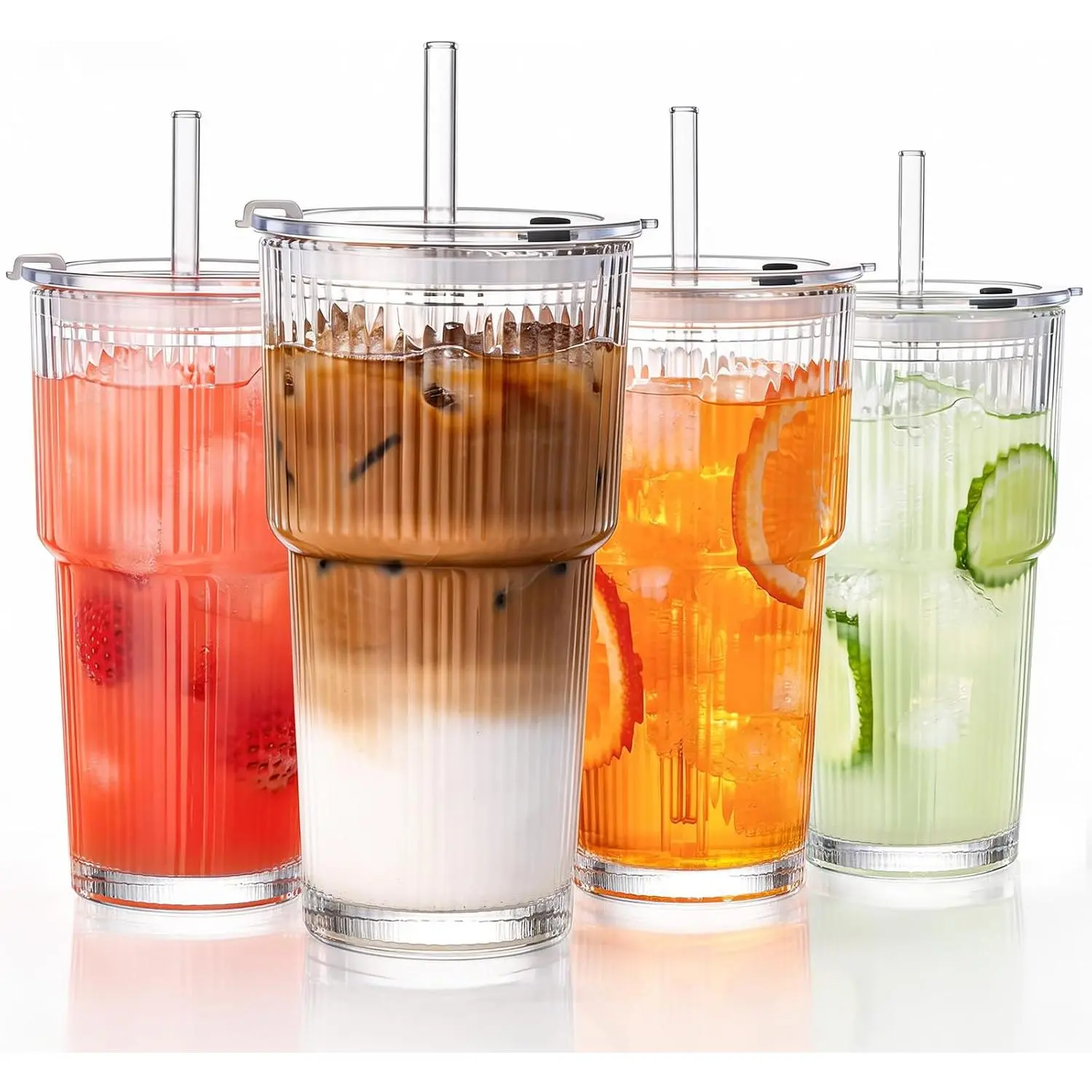 20oz Glass Tumblers with Straws and Lids, Ribbed Iced Coffee Cups Leak-proof, Dishwasher Safe, Thickened Glass Cups with Lids Ideal for Coffee and Travel, Clear, 4 Pack