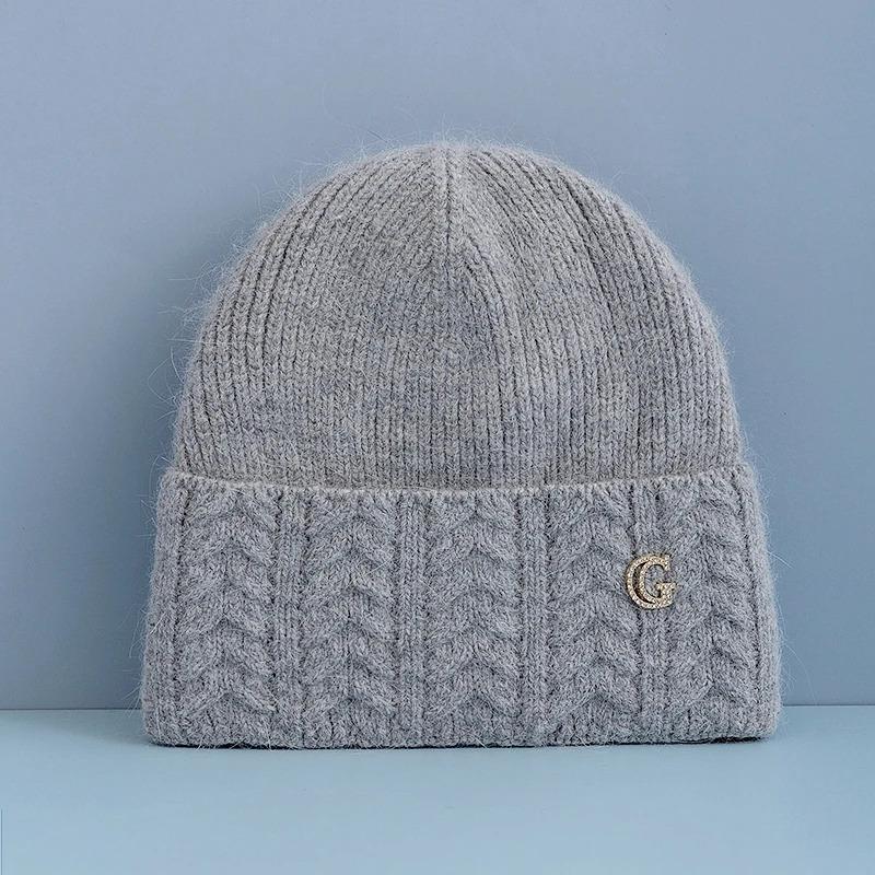 New Style Simple Chic Winter Hat G Letter Decor Rabbit Fur Beanie Elegant Winter Hats For Women Candy Colors Warm Knit Hats