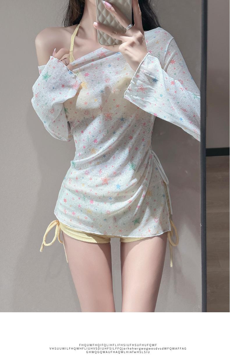Women's three-piece swimsuit set, long-sleeved for sun protection, with a fresh star print, sweet and charming, suitable for beach wear