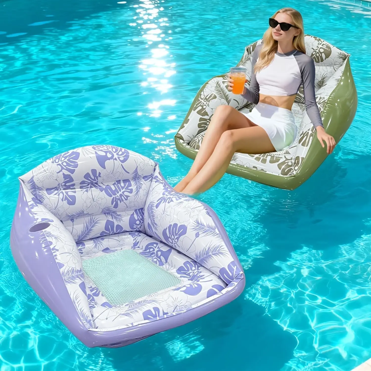 Large Adult Inflatable Water Sofa, Tropical Style 3-In-1 Pool Float Lounger, Cup Holder, Comfortable Floating Chair, Pool, Beach, Lake Toy