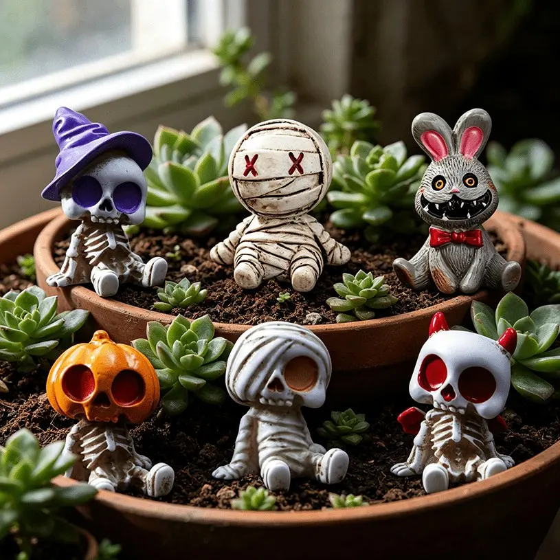 6 Piece Halloween Skull Mummy Ornament Set, Mini Resin Statue, Desktop Car Decor, DIY Accessories, Car Ornaments, No Gift Box Included