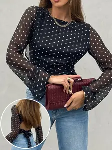 Women's Wave Pattern Semi-Transparent Bell Sleeve Round Neck Fashion Top, Backless Butterfly Knot Design, Suitable for Spring Summer Autumn