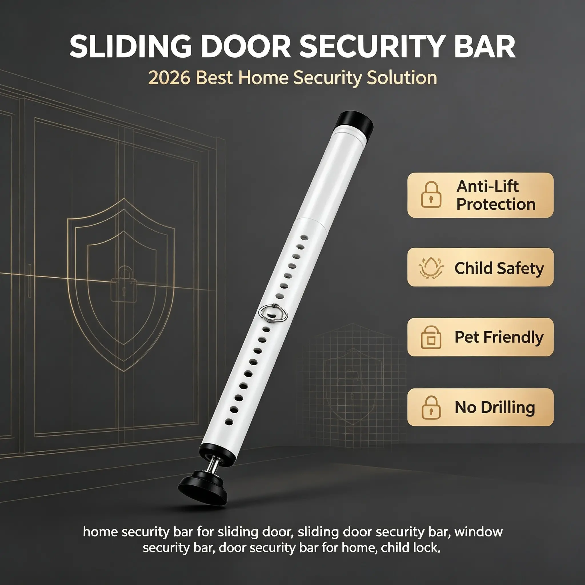 Sliding Door Security Bar, 17–50 Inch Adjustable Window Lock Bar with Anti-Slip Rubber Cap, Heavy Duty Child Safety Door Lock for Patio, Balcony, Bedroom and Pet Home Protection