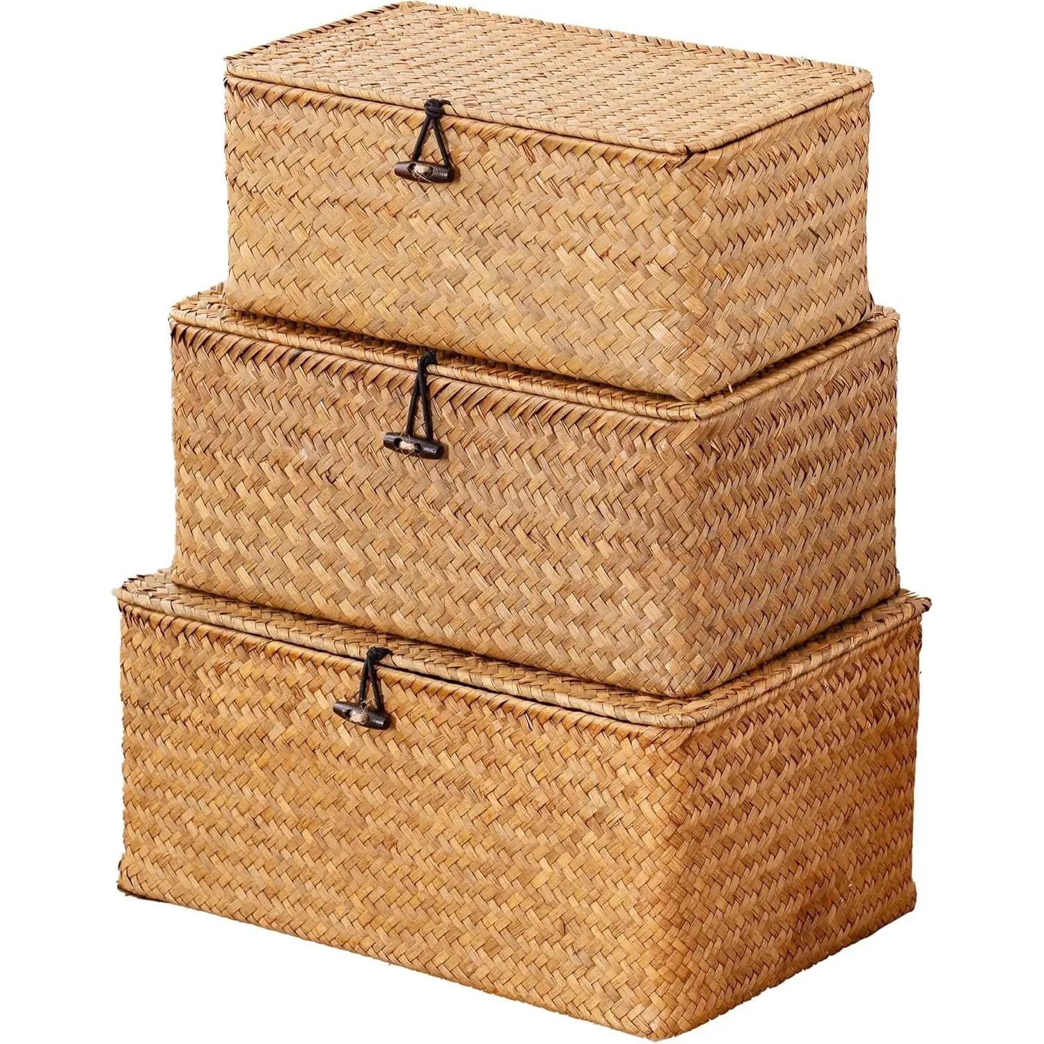 Natural Seagrass Storage Basket with Lid (Set of 3) - Rectangular Decorative Farmhouse Organiser, Multipurpose Home Storage Bin for Boho Decoration, Gift-Worthy Household Shelf Container