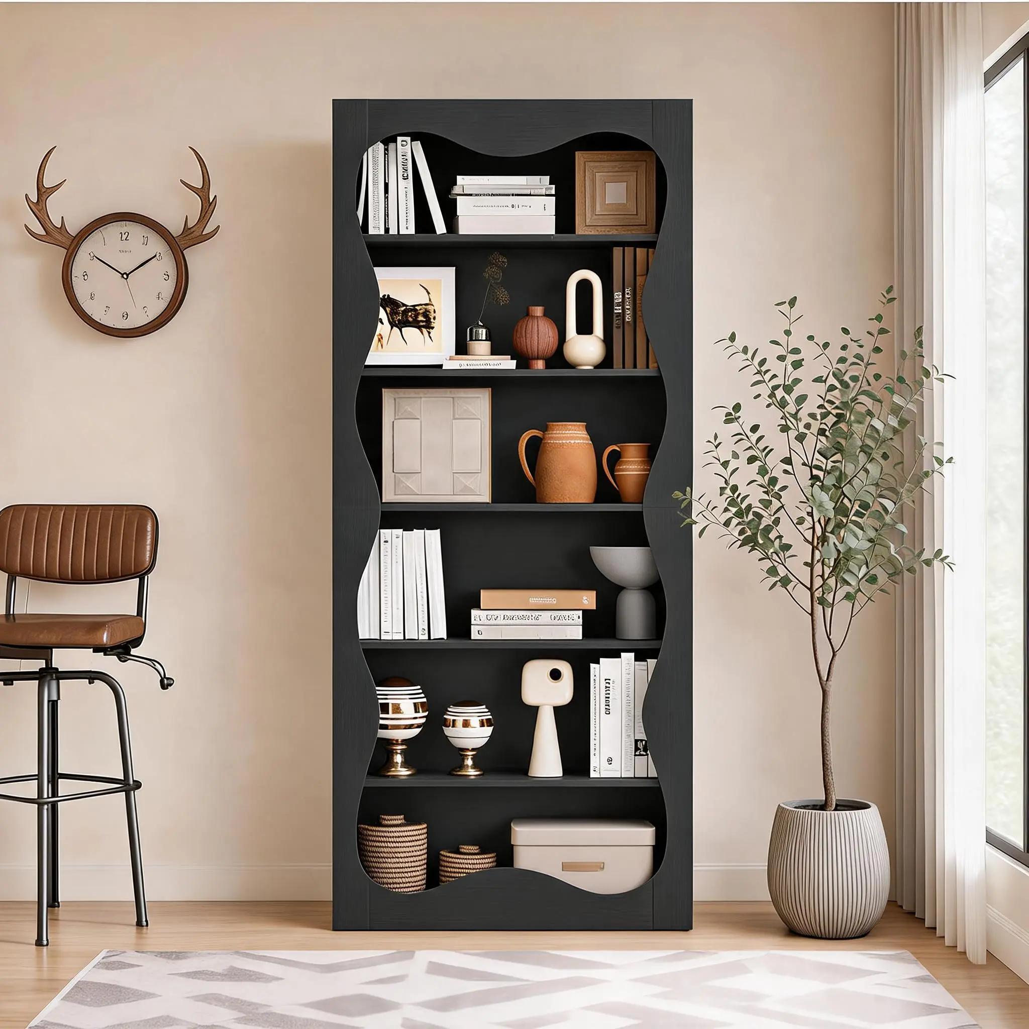 Modern 6-Tier Freestanding Wood Bookshelf, Wavy Scalloped Edge Tall Bookcase with Open Storage Display Shelves, Standing Bookshelf for Home Office Living Room Bedroom