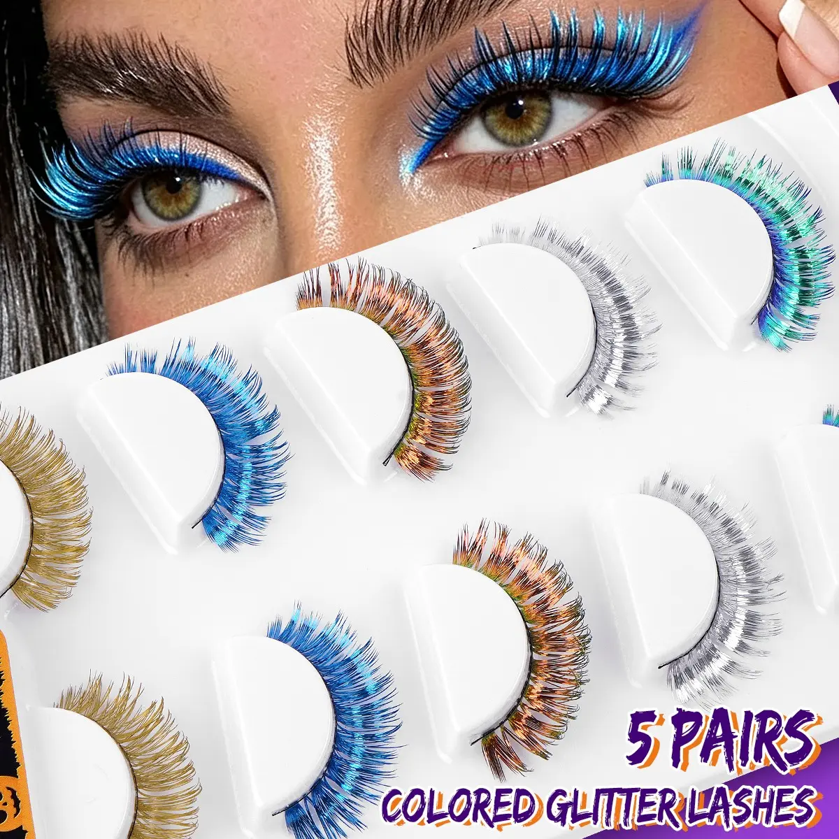 MAANGE 5 Pairs Colored Glitter False Eyelashes, Shiny Sparkly Color Lashes, Reusable Dramatic Eye Lashes for Halloween, Cosplay, Music Festivals, Party Makeup, Vibrant Color Design to Create Stunning and Eye-catching Festival Looks