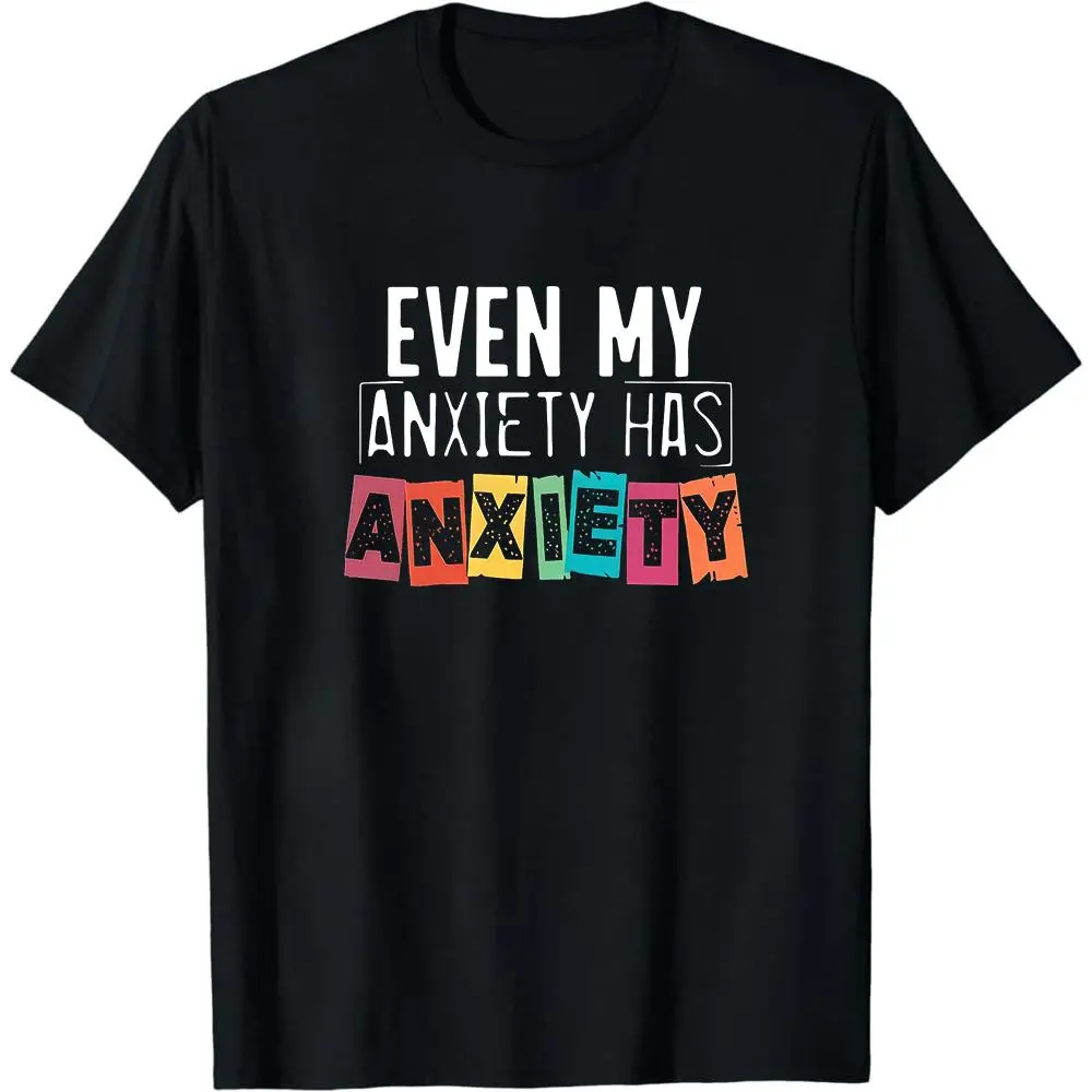 Color Block Even My Anxiety Has Anxiety Graphic Tee, Black Crew Neck Mental Health Short Sleeve Casual Daily Top