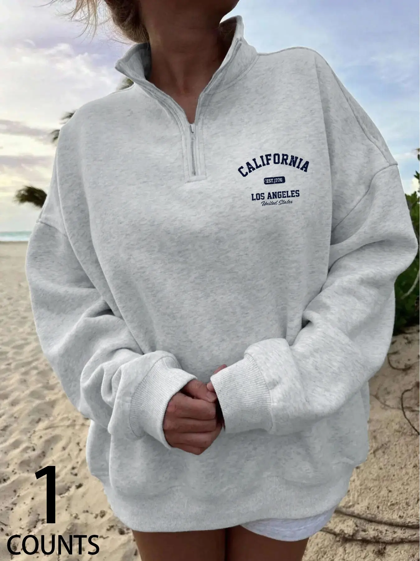 Women's Letter‑Print Half‑Zip Sweatshirt, Loose Stand‑collar Long‑sleeve Casual Top, Ideal For Daily Street‑going And Vacation Outfits