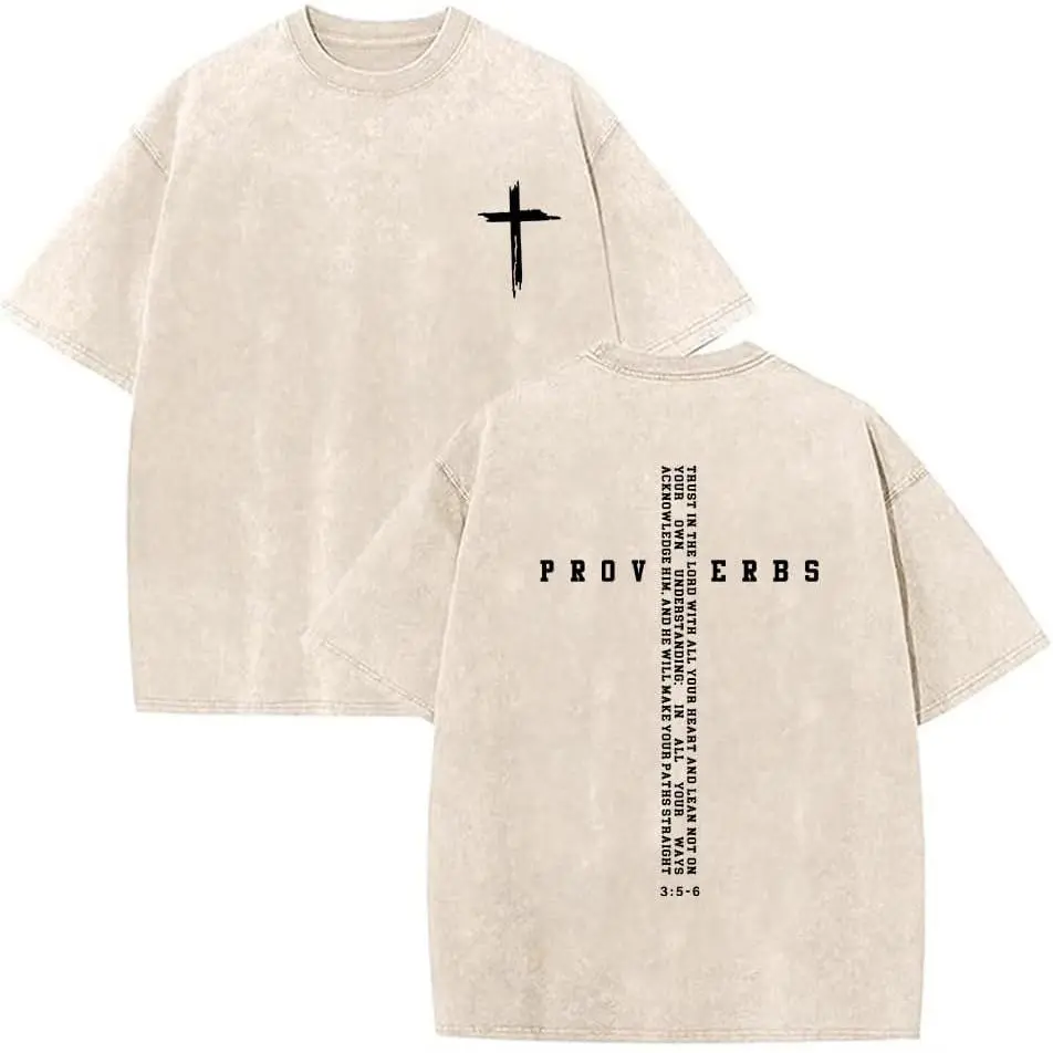 Proverbs 3 5 6 Graphic Tee Vintage Washed Cotton Tshirt Christian Cross Bible Verse Faith Minimalist Oversized T Shirt Women Short Sleeve Crewneck Top Religious Streetwear Gift Men Loose Casual Top