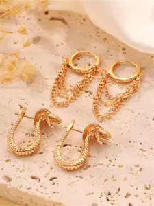 4PC Punk Snake & Tassel Chain Earring Set, Stainless Steel Serpent Shape Studs + Double Layer Chain Drop Hoop Earrings, Fashion Party Accessories