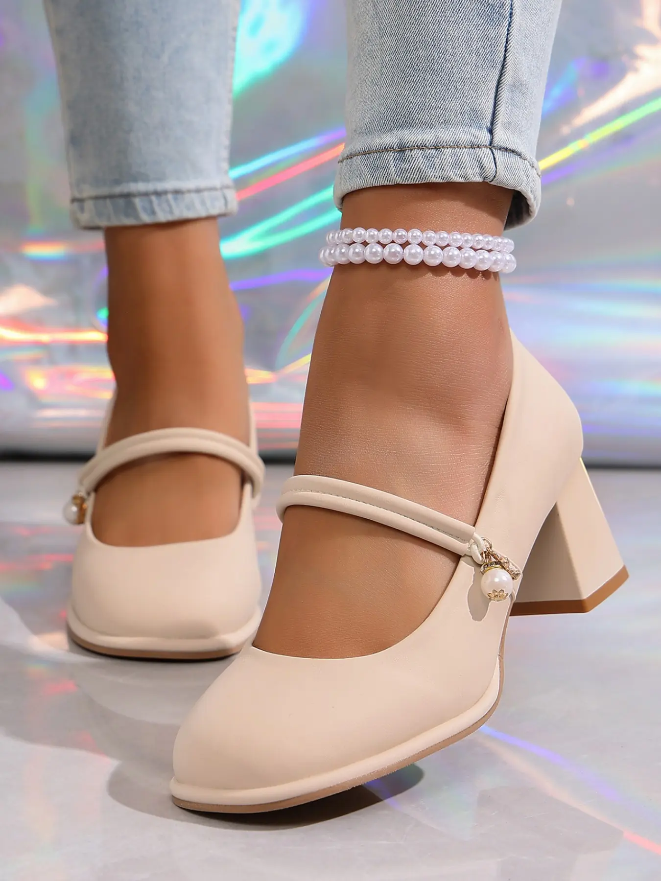 European Vintage Mary Jane Heeled Shoes, Strap Buckle PU Leather, Square Toe Low Ankle, Plain Rubber Sole, Elegant All-Season Women's Shoes